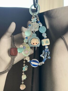 Cute Blue Pastel Beaded sleeping baby Charm Keyring